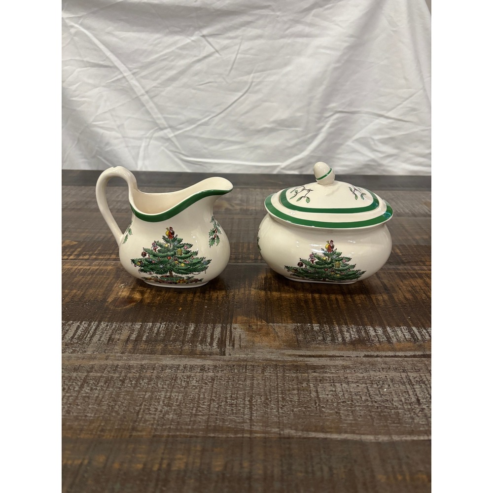 Vintage Spode Christmas Tree Sugar & Creamer Set Made in England S3324 Pristine